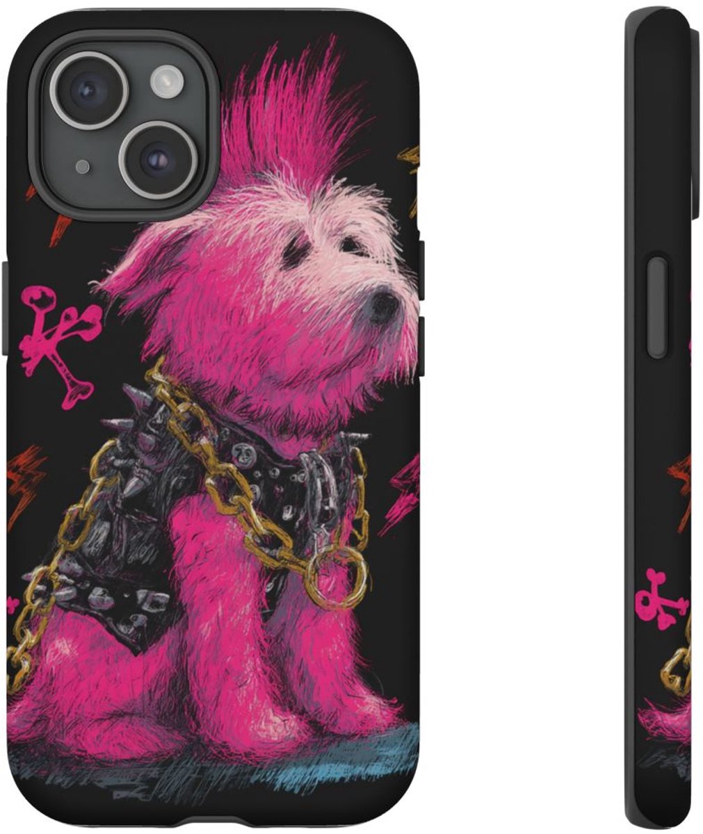 Punkhond met Roze Hanenkam Illustratie – Telefoonhoesje Geschikt voor iPhone 15