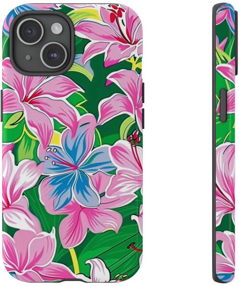 Roze en Blauwe Bloemenprint – Telefoonhoesje Geschikt voor iPhone 15