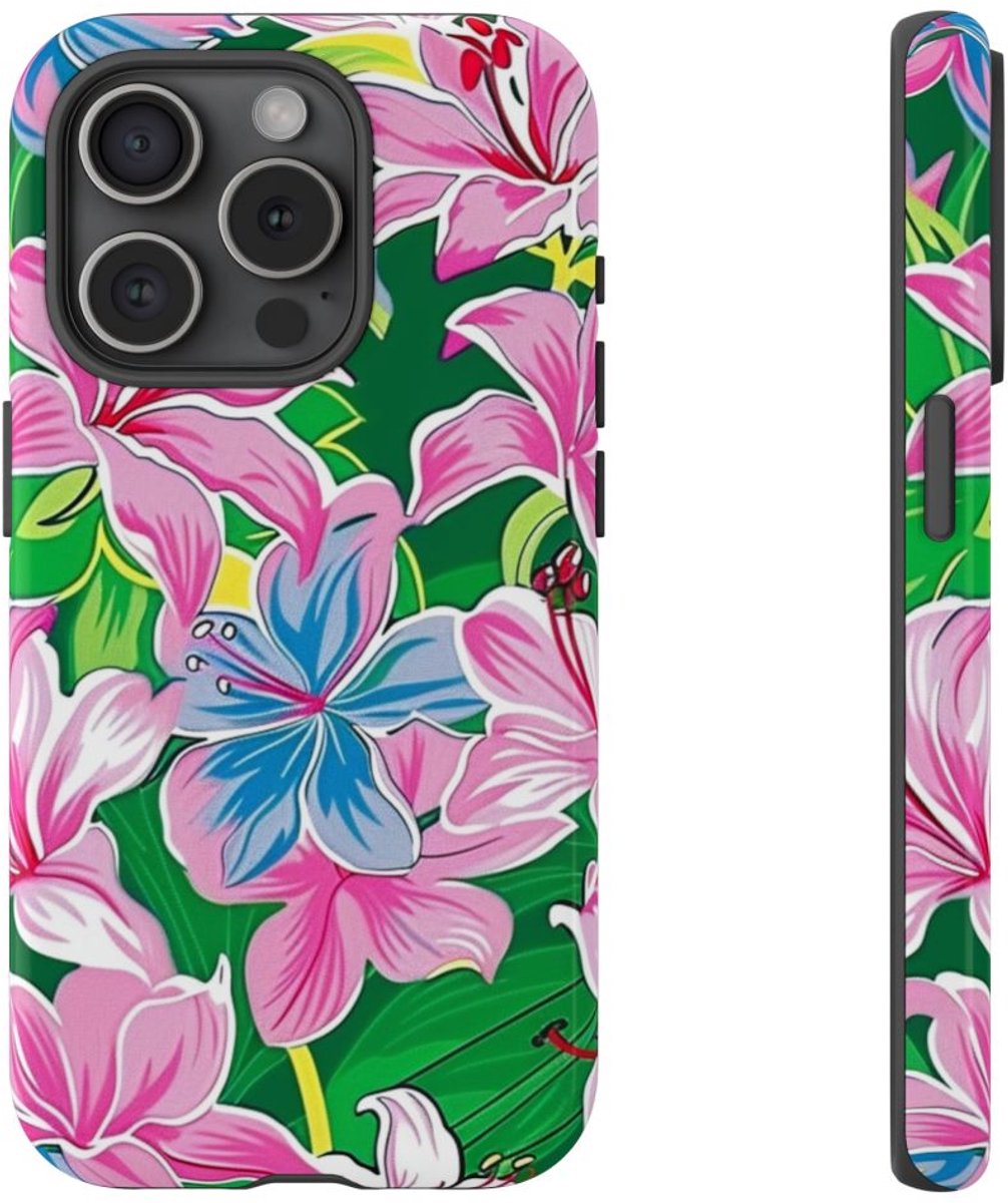 Roze en Blauwe Bloemenprint – Telefoonhoesje Geschikt voor iPhone 15 Pro