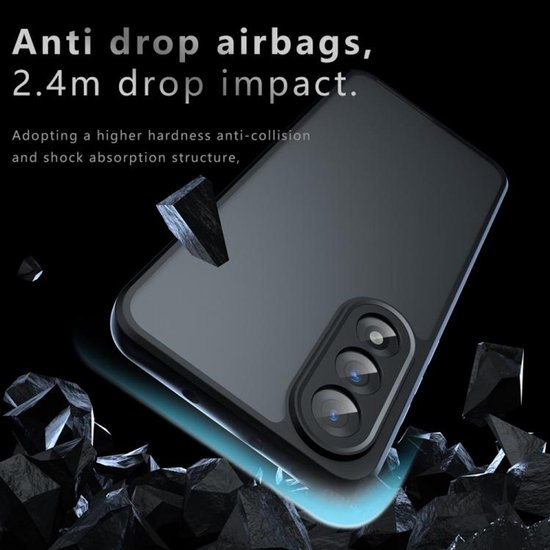 Een telefoonhoesje wordt beschermd tegen een impact van 2.4m door ingebouwde airbags en een schokabsorberende structuur.