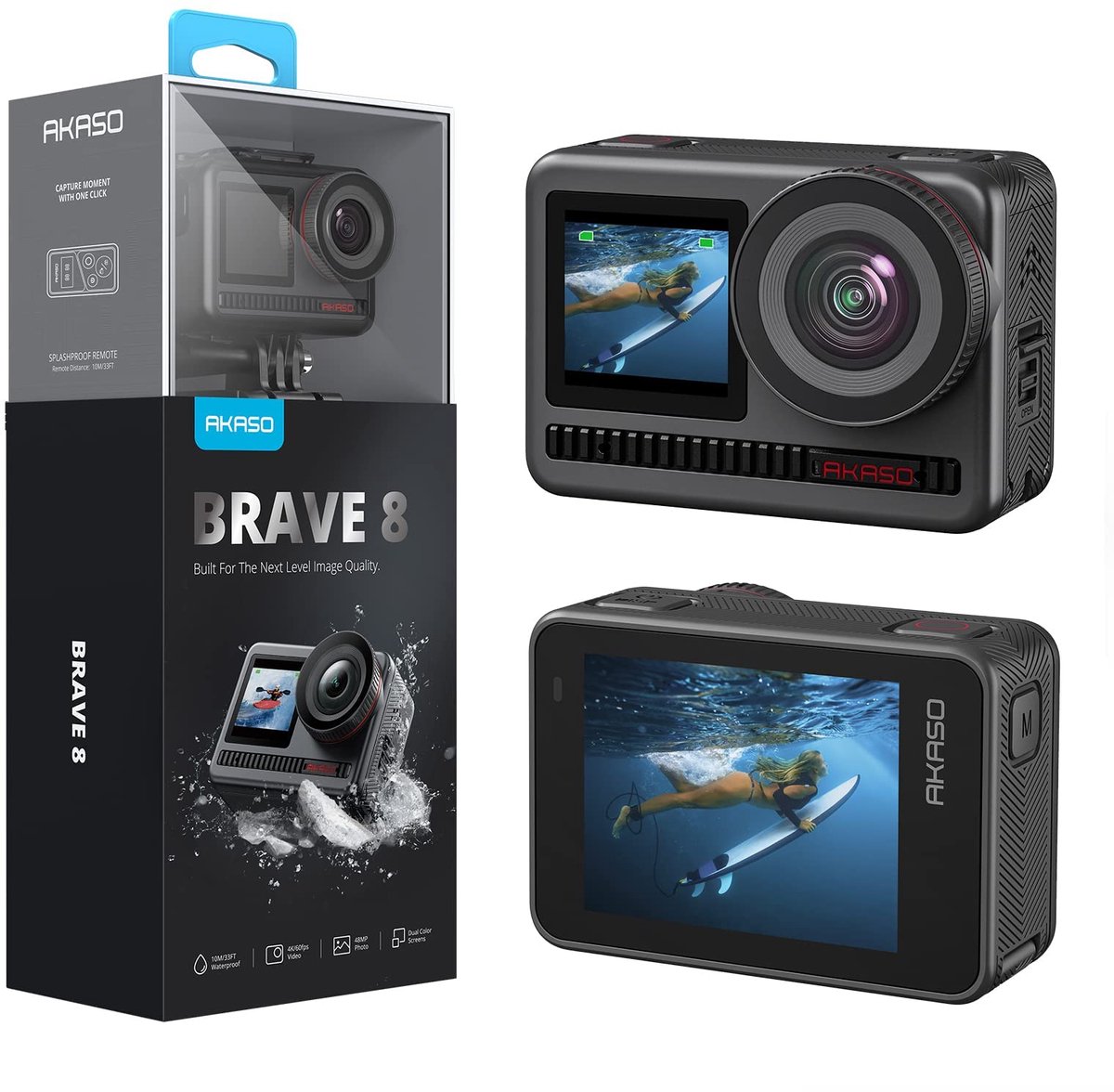 AKASO Brave 8 Action Camera 4K 60FPS 48MP – WiFi – 60 m Waterdicht – Touchscreen – 8× Zoom – 16× Slow Motion – Inclusief 2×1550mAh Batterijen en Accessoireset