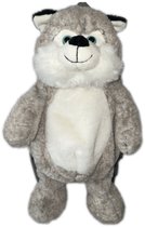 Grijze knuffel husky met witte vacht op de buik en snuit. Blauwe ogen en een zwarte neus.