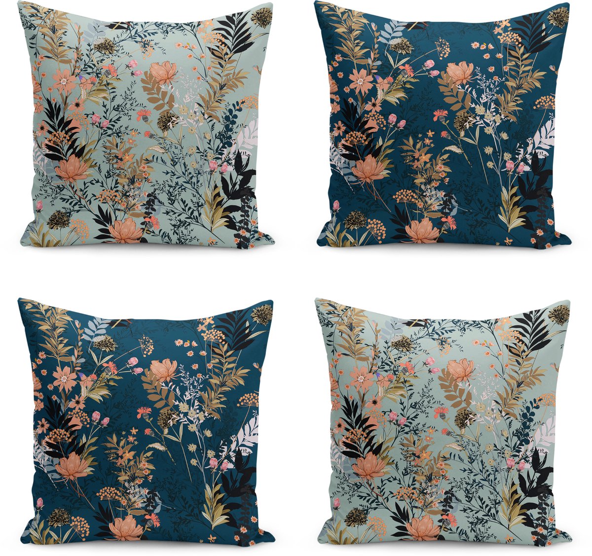 Kussensloop - kussenhoes - Sierkussenhoes - hoes voor sierkussens Flora - Velvet Kussenhoes set van 4 - 50x50 - Bloemen op donkerblauw/lichtblauw - Kussensloop