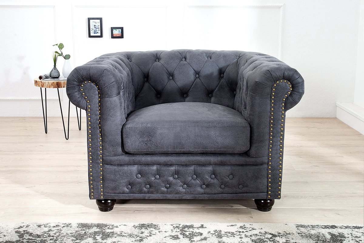 Chesterfield Fauteuil 105cm antiek grijs met knoopstiksels en veerkern - 37389