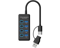 USB 3.0 Hub – 4 Poorten – Superspeed USB Splitter met Aan/Uit Schakelaars – Inclusief USB-C & USB-A Aansluiting – Zwart – LOUZIR