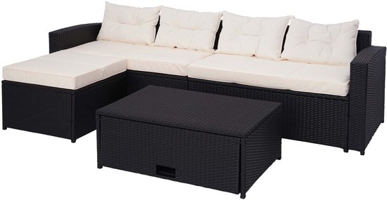 Ensemble en Poly MCW-J34, ensemble balcon/jardin/salon, banc, compartiment de rangement ~ noir, coussins crème-beige