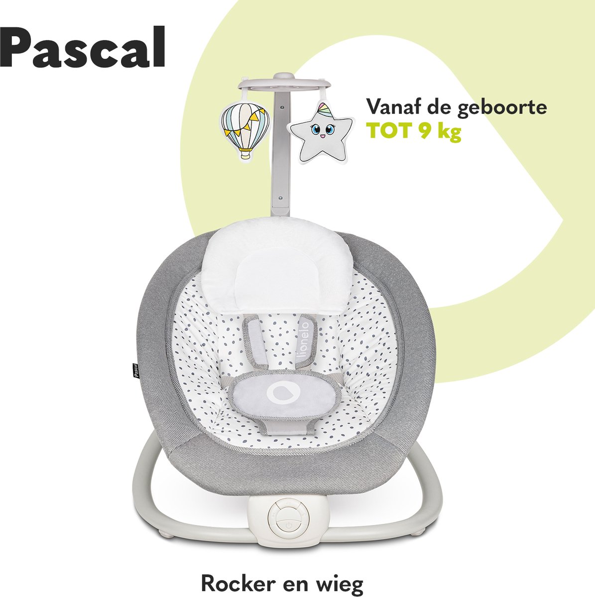 LIONELO Pascal Wipstoel - Baby Bouncer Met Speelboog, 5 Melodieën, Verstelbare Rugleuning Wipstoel Tot 9 Kg Wasbaar