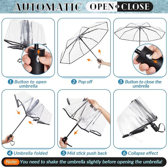 Handleiding voor automatische paraplu: knop om paraplu te openen, pop-up, knop om paraplu te sluiten, paraplu gevouwen, middelste stok terugduwen, instortingseffect.