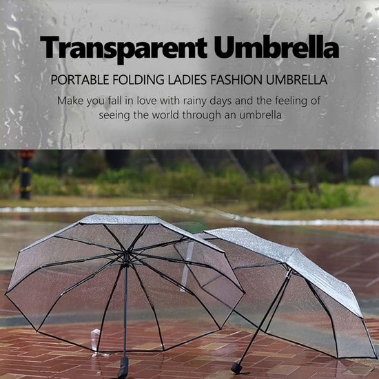 Twee doorzichtige paraplu's in de regen op een stenen ondergrond. Titel: Transparante paraplu, opvouwbaar, damesmode.