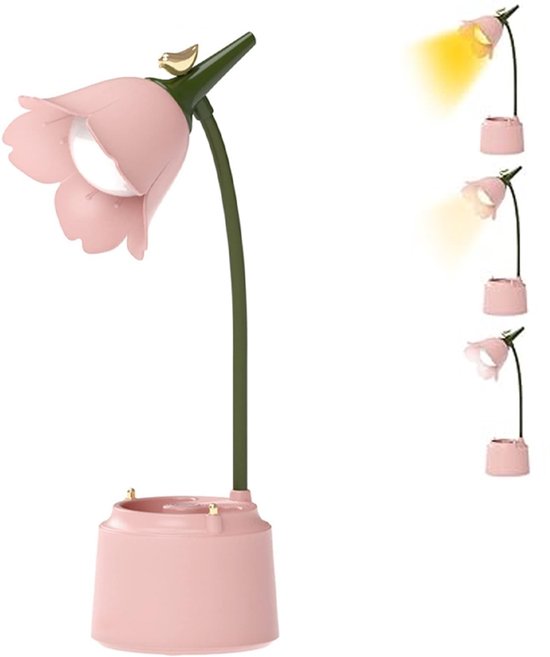 Bureaulamp LED Dimbaar - Pennenpotje Bureaulamp - 3 Kleuren licht - Leeslamp - Tafellamp - Bedlamp - Bureaulamp Led - Leeslamp Staand - Leeslampje voor Boek - Oogverzorgende leeslamp - Ouchsensor en flexibele arm - Voor meisjes en jongens - Roze