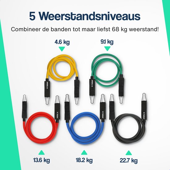 Vijf gekleurde weerstandsbanden met gewichten van 4.6 kg tot 22.7 kg.