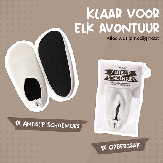 Witte antislip waterschoentjes en opbergzak in verpakking. Titel: 'Klaar voor elk avontuur'.