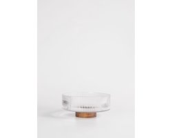 Mevaz – Luxe Saladeschaal op Houten Voet – Ø20.7 cm – 1.35L – Glazen Salad Bowl met Elegant Ribbeldesign