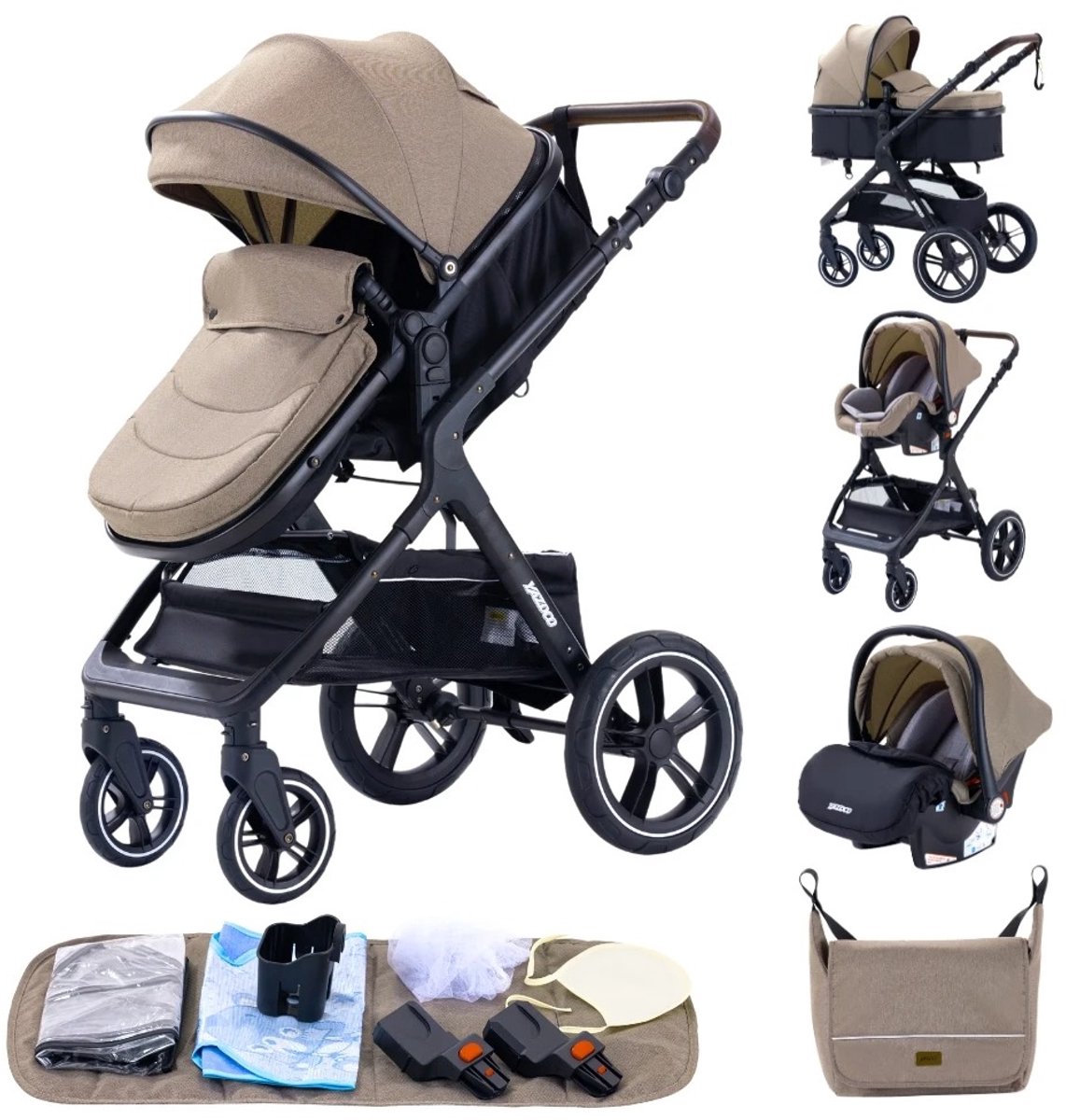 Rustive Luxe Kinderwagen 3 in 1 - Kwalitatieve Buggy - Maxi Cosi - Multifunctioneel - Inklapbaar - Incl. Autostoel - Khaki - Rustive - €194,95