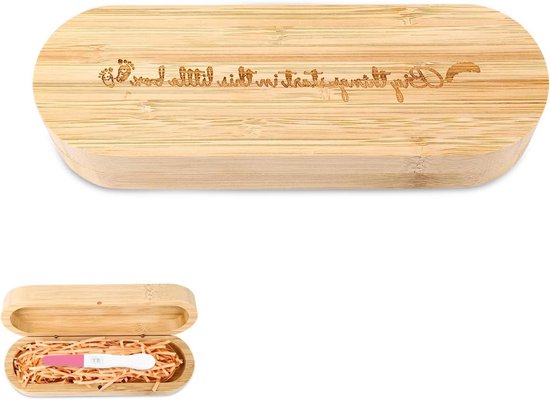 Allecto Plus - Houten Zwangerschapstesthouderdoos met Raffiapapier - Origineel Zwangerschapsgeschenk - Babygeheugendoos voor Ouders - Zwangerschapsaankondiging