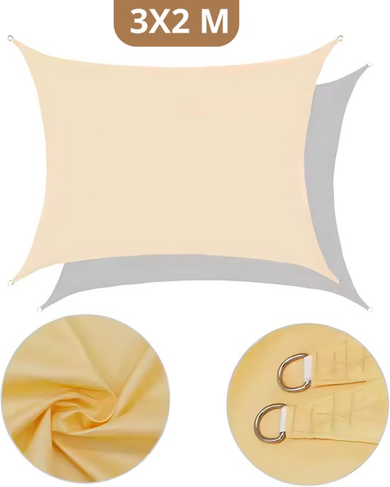 Solud® schaduwdoek 3X2 M rechthoekig beige - schaduwdoek vierkant inc. bevestigingsmateriaal - zonnedoeken schaduwdoeken - zonnedoek
