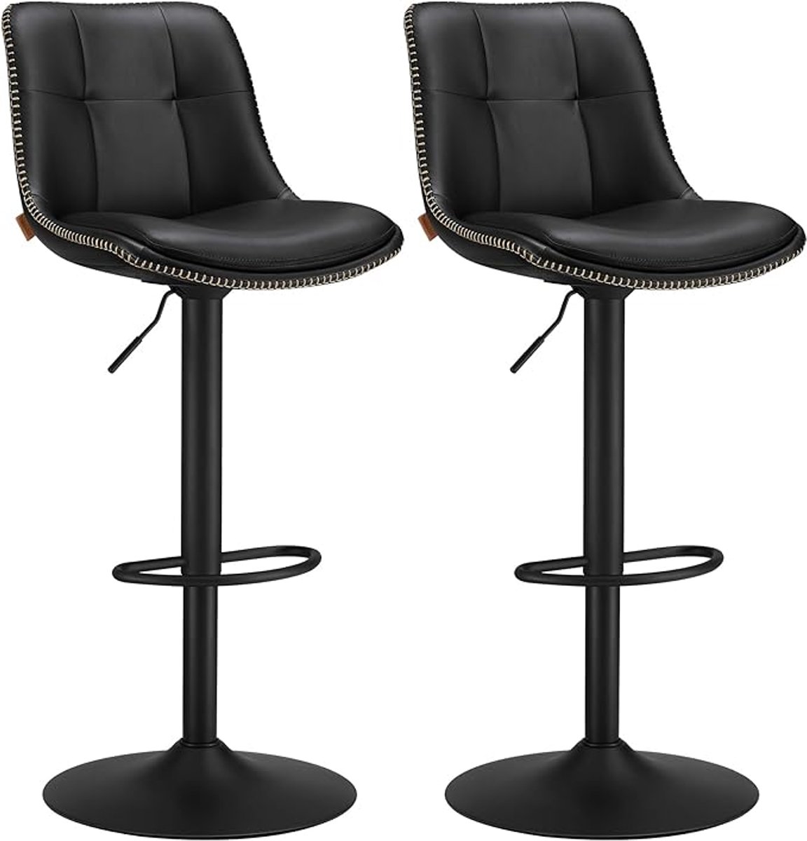 FurnStar - Barkruk Set van 2 - Barstoelen - Ergonomische Rugleuning - Kunstleer - Metalen Poten met Verstelbare Universele Poten - Tussen 63 en 84 cm hoog - 360 graden draaibaar - Thuisbar - Eenvoudige Montage - Inktzwart