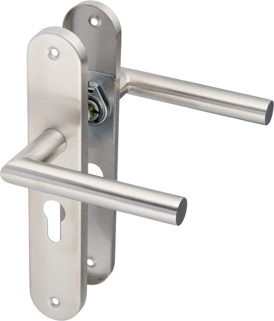 Deurklink op lang schild met cilindergat, rvs.