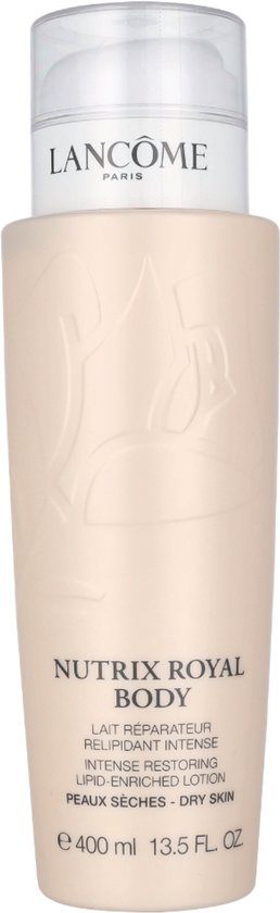 Lancôme Nutrix Royal Body lotion in een beige fles met een pompdispenser. De tekst 'NUTRIX ROYAL BODY' en 'INTENSE RESTORING LIPID-ENRICHED LOTION' staat op de voorkant.