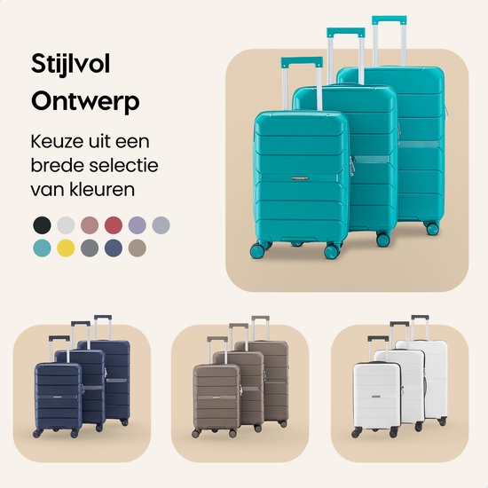 Drie turquoise koffers van verschillende formaten en een selectie van andere beschikbare kleuren.
