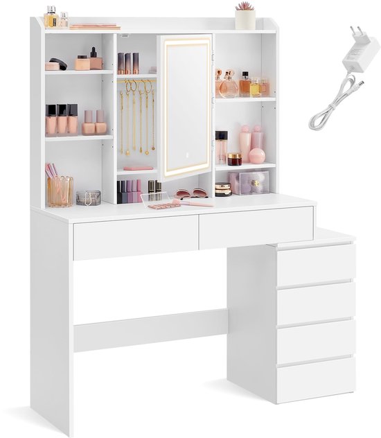 Make-uptafel met ledverlichting, instelbare helderheid, kaptafel met spiegel, make-uptafel met laden, open vakken, verstelbare planken, modern, wolkenwit