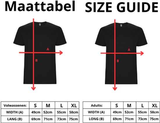 Guide des tailles pour adultes avec largeur (A) et longueur (B) en cm pour S, M, L, XL.
