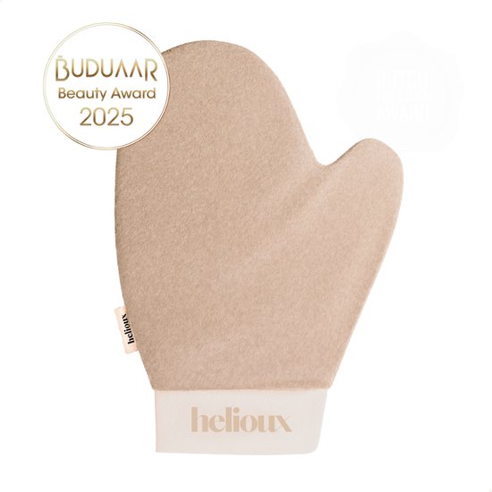 Beige fluweelzachte tanning mitt met logo.
