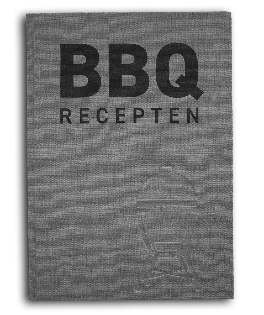 BBQ Receptenboek invulboek - Kamado receptenboek zelf invullen - cadeau tip BBQ liefhebber -BBQ recepten bewaren - Luxe grijs gecoat linnen omslag met zwarte opdruk en reliëfdruk