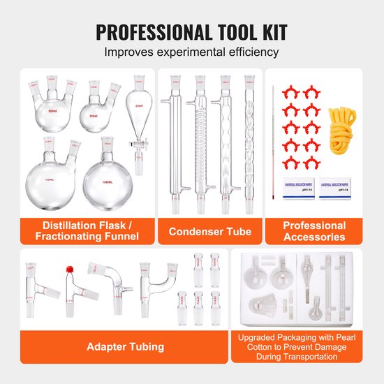 Laboratorium Destillatieset, 3,3 Boro-Glaswerk met 24/40 Verbinding, 1000 ml Etherische Olie Apparatuur, 32-delig Set