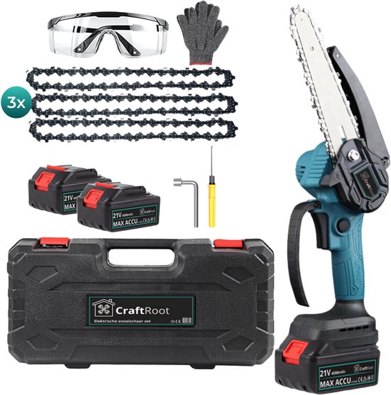CraftRoot Elektrische Mini Kettingzaag - Draadloze Compacte Kettingzaag - Handkettingzaag - Snoeizaag - Takkenzaag - 2x 4.0Ah Accu's - Opberg Koffer - Persoonlijke Bescherming