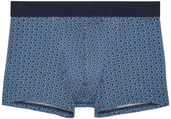 Boxer briefs met een geometrisch patroon in blauwtinten en een donkerblauwe tailleband.