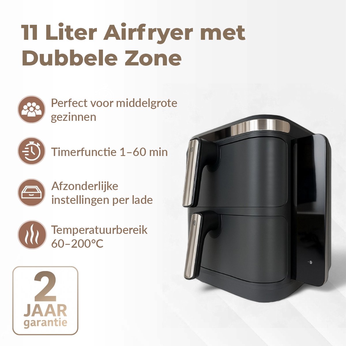 Afbeelding 3 van DCG Airfryer XXL met Dubbele Gestapelde Lades - Uitklapbaar LED display - 11 liter - 10 Programma's - Twee Kookzones - 60-200°C - 2800W - Grijs