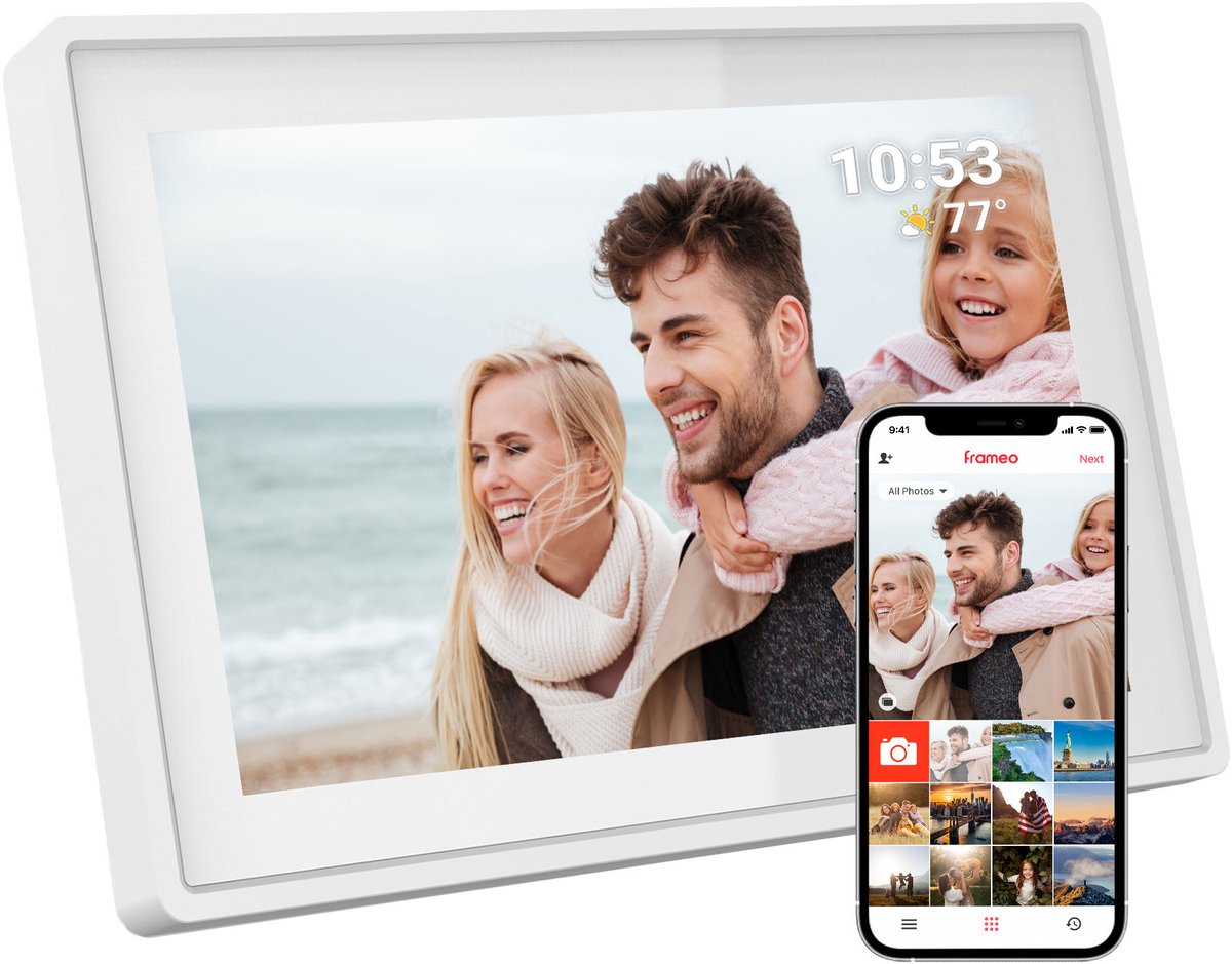 Tiqvi - Digitale fotolijst, WiFi en Frameo App - Fotokader 10 inch - Touchscreen - Wit
