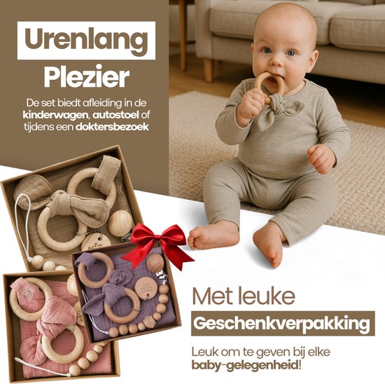 Baby Geschenkset - 3-delige set - Kraamcadeau - babyshower- gender reveal - Unisex baby cadeau - kraamvisite- jongen - meisje - giftset - bijtring - doorkomende tandjes - speenkoord - speenketting - knuffeldoekje - Blauw van Merkloos — afbeelding 3