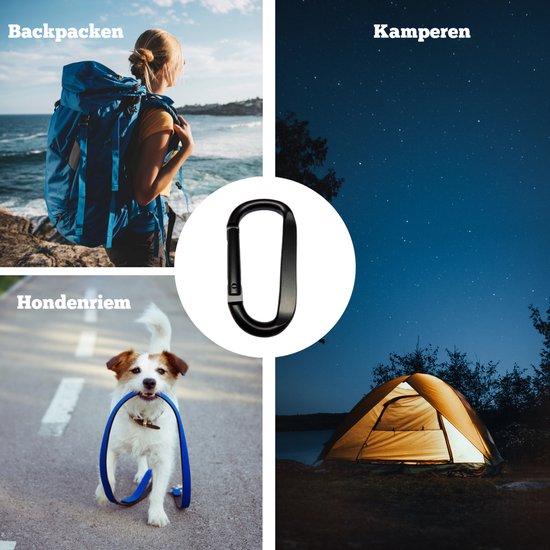 Collage: vrouw met rugzak, kampeerplek 's nachts, hond met riem en zwarte karabijnhaak.