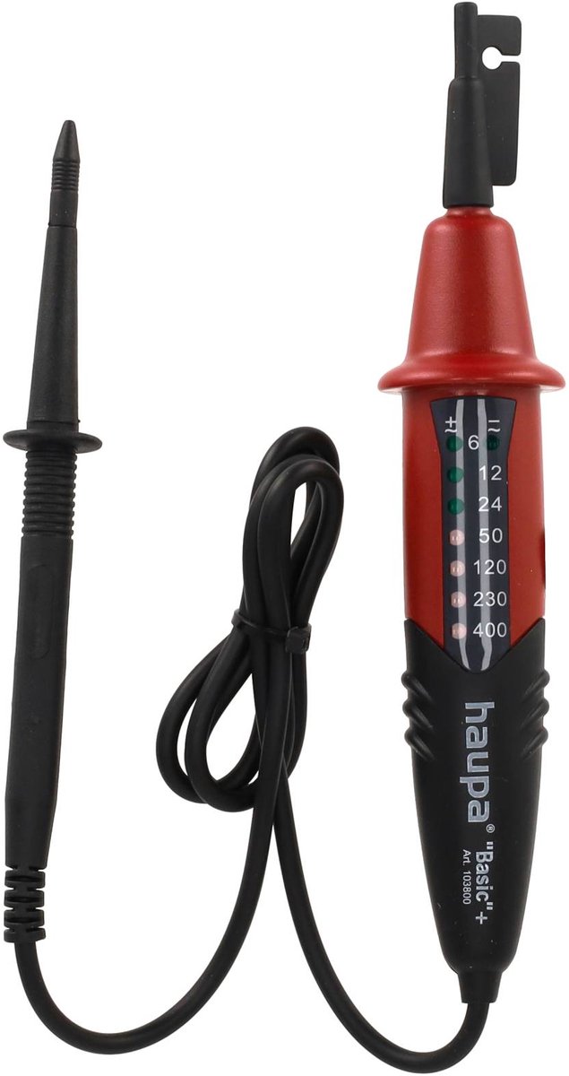 Haupa Spanningstester Basic 6-400 V - Tweepolige spanningzoeker - Gelijk- en wisselspanningen van 6 tot 400 volt - LED-indicatie in 7 stappen (6, 12, 24, 50, 120, 230 en 400V) - Polariteitscontrole - Fasevolging ten opzichte van de randaarde