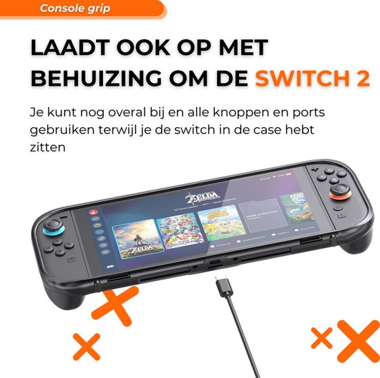 Nintendo Switch 2 met zwarte console grip, aangesloten met oplader, alle knoppen toegankelijk.