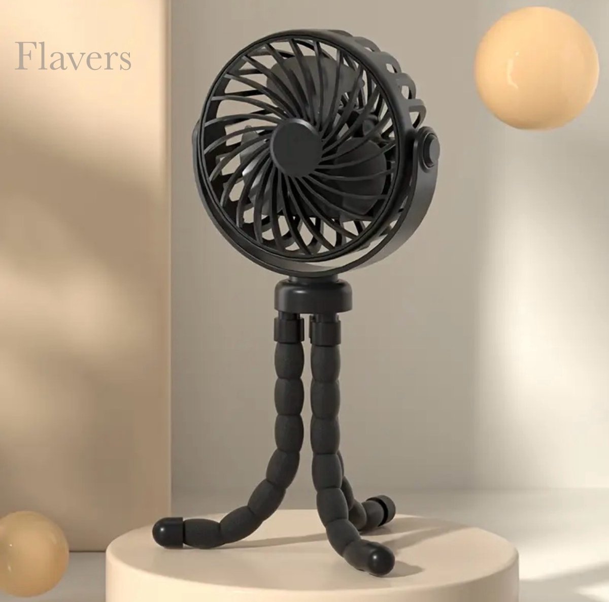 Flavers - Handventilator - Draagbare Ventilator Oplaadbaar - Zwart - Hand Tafelventilator Draadloos - Kinderwagen Mini Fan - 3 Standen - mini ventilator - festival ventilator - octopus ventilator