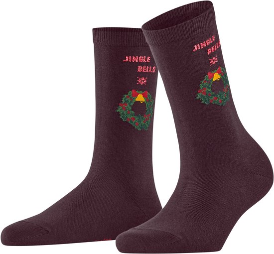 Donkerrode sokken met kerstkrans en rode glitter 'JINGLE BELLS' tekst.