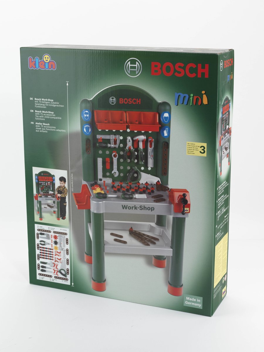 Klein Toys Bosch mini multifunctionele speelgoed werkbank – met 79 accessoires – werkblad met leerfunctie – donkergroen — afbeelding 4