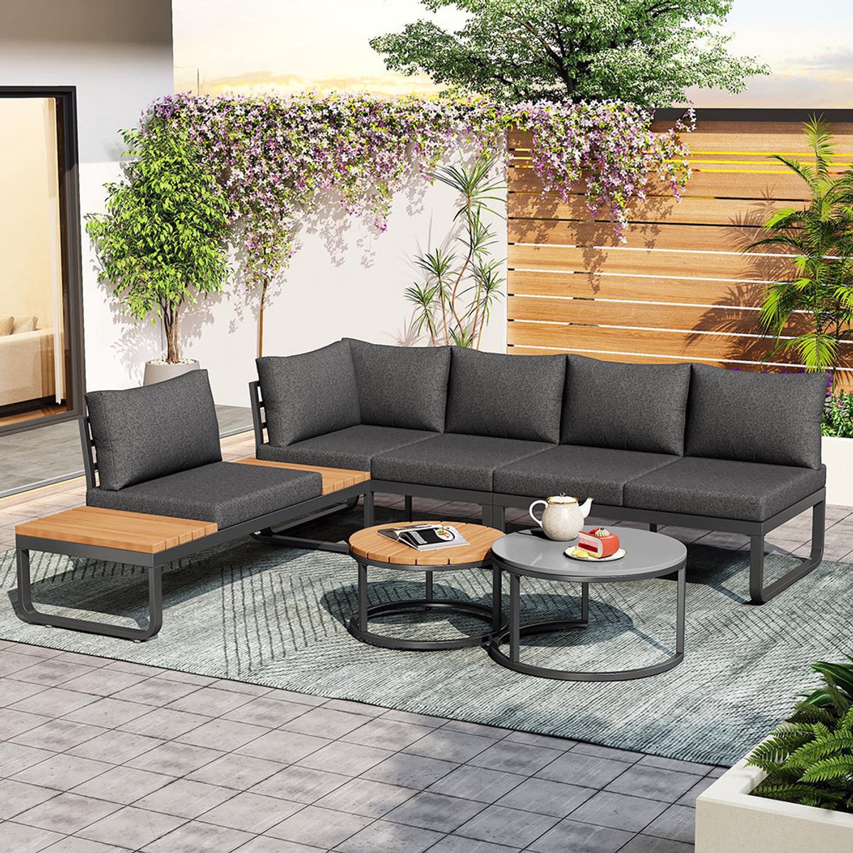 Pugsdrly Tuinset (4-5 personen), 2 stapelbare salontafels, frame van gegalvaniseerd ijzer, comfortabele tuinmeubelen, inclusief grijze kussens, verstelbare poten