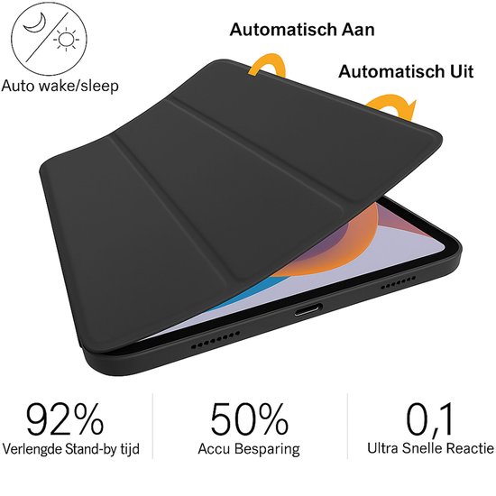 Zwarte tablethoes met automatisch aan/uit functie en functies: 92% langere stand-by tijd, 50% accu besparing, 0,1s ultra snelle reactie.