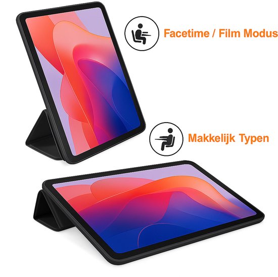 Zwarte tablethoes in twee posities: voor Facetime en om te typen.