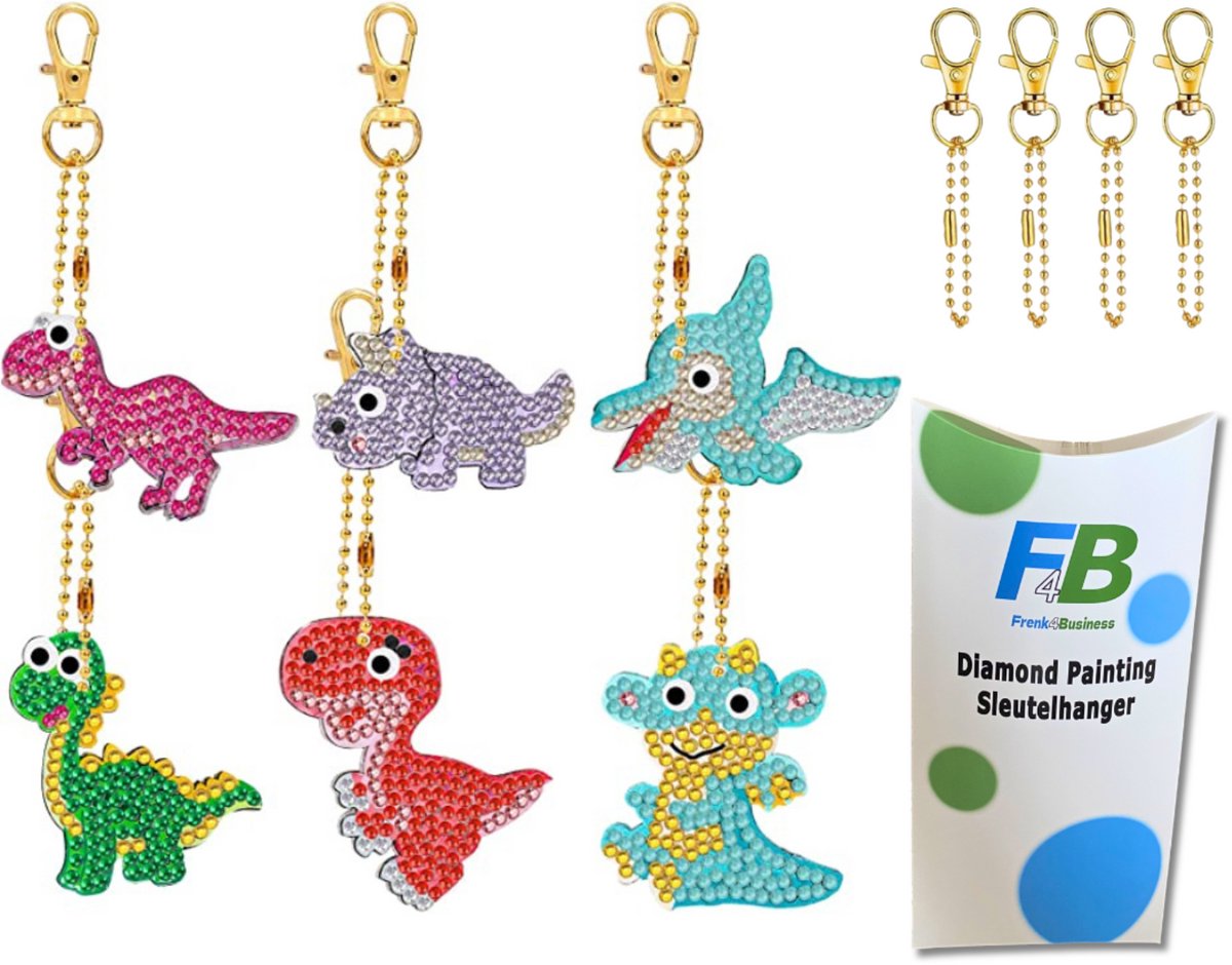 F4B Diamond Painting Sleutelhangers Dino – 6 Stuks – Dubbelzijdig