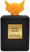 Zwarte parfumfles met gouden vosvormige dop en gouden label 'Smoky Vanilla'.
