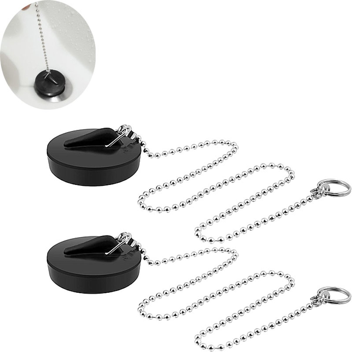 2 Stuks- Gootsteenstop - Badstop- Met ketting 40cm -Universeel - TPR-Voor Gootsteen Spoelb