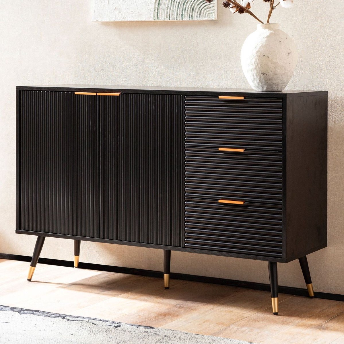 Dressoir 120x80x40 cm Dressoir Zwart met Eiken Decor, Ladekast met deuren en laden, Ladekast Halkast Modern, Staande Kast Woonkamer Metalen Poten