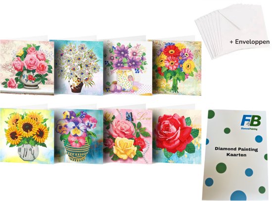 F4B Diamond Painting Bloemenkaarten (1) – 8 Stuks – 15x15 cm – Met Enveloppen
