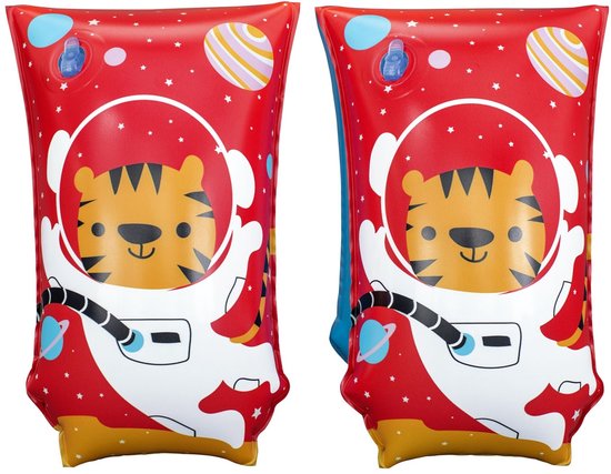 Paar rode zwemvleugels met tijger astronauten, planeten en sterren. Blauwe achterkant.