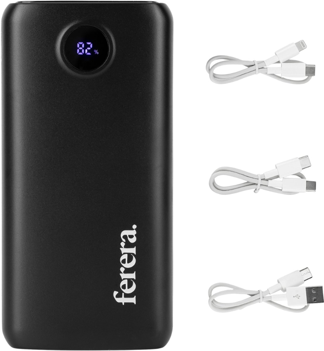 Ferera Powerbank 20.000 mAh - Noodpakket - 22.5W Snellader - Hoge Capaciteit - USB-C - USB-A & Micro-USB - 3 Kabels Inbegrepen - Met Zaklamp